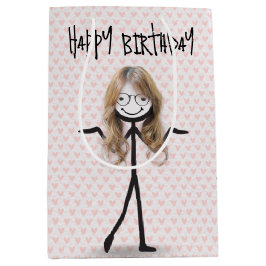 誕生日スティックフィギュア少女（髪とメガネ） ミディアムペーパーバッグ