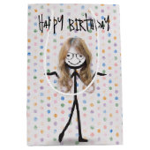 誕生日スティックフィギュア少女(髪とメガネ) ミディアムペーパーバッグ (正面)