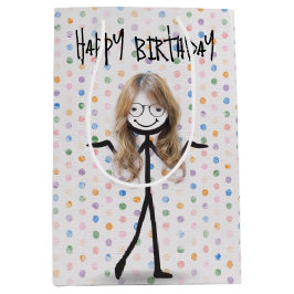 誕生日スティックフィギュア少女（髪とメガネ） ミディアムペーパーバッグ
