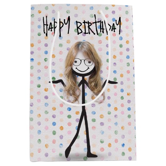 誕生日スティックフィギュア少女(髪とメガネ) ミディアムペーパーバッグ (正面)