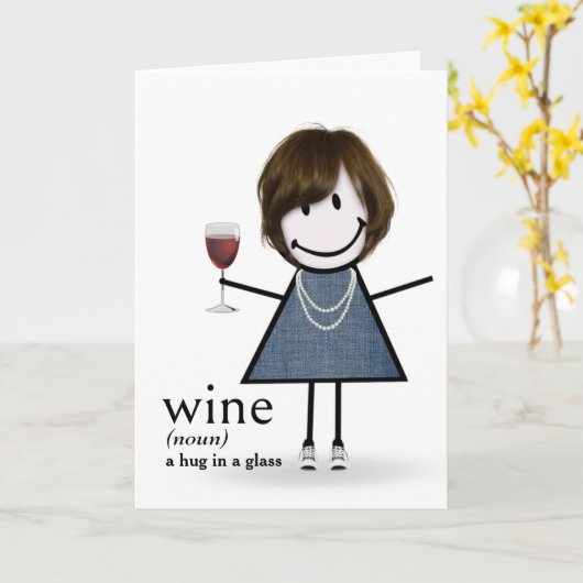 誕生日スティックフィギュア赤ワインの女の子 カード (黄色い花)