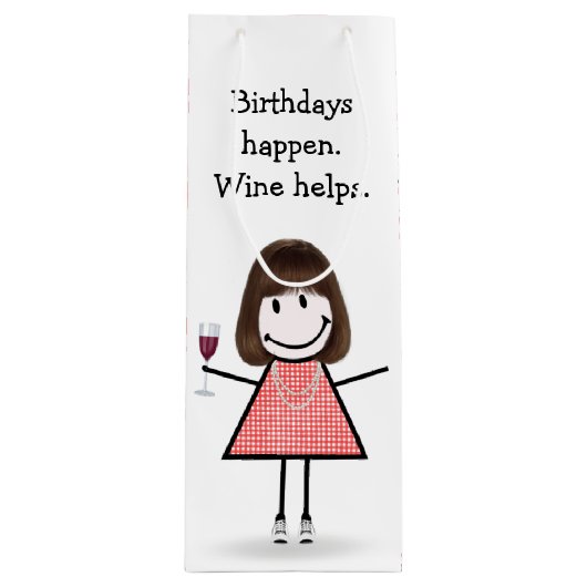 誕生日スティックフィギュア赤ワインの女の子 ワインギフトバッグ (正面)