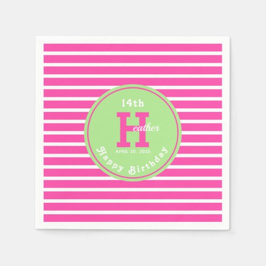 誕生日ストライプピンク⎮ホワイトグリーンナプキン スタンダードカクテルナプキン (正面)