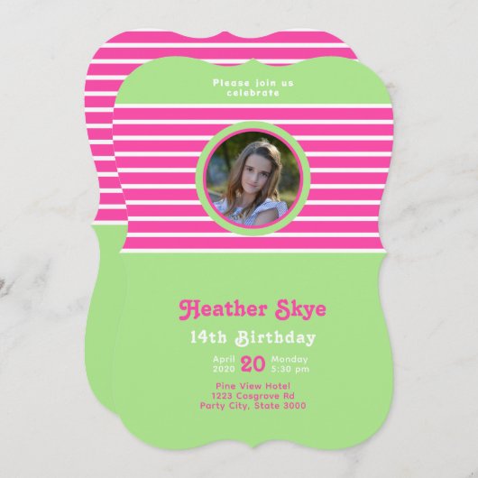 誕生日ストライプピンク⎮ホワイトグリーン招待状 招待状 (正面/裏面)