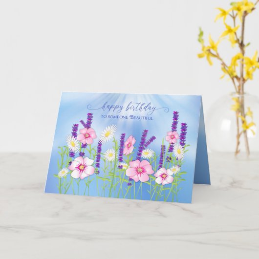 誕生日スペシャルレディーデリケートフラワーガーデンブルー カード (黄色い花)