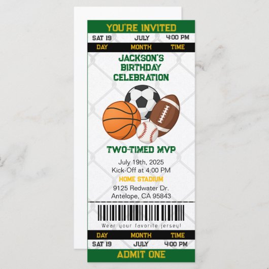 誕生日スポーツテーマチケットスタブ招待状 (正面/裏面)