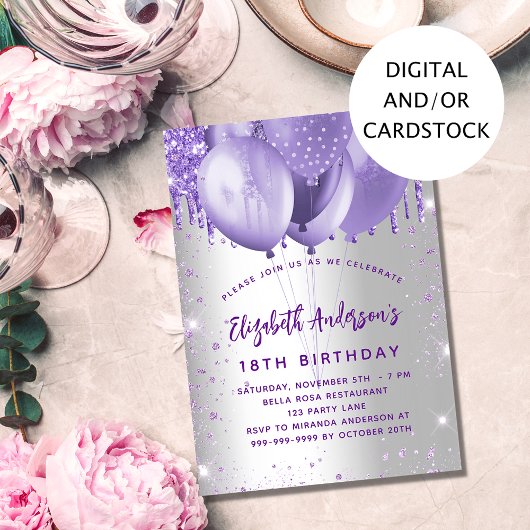 誕生日スミレグリッター風船 招待状