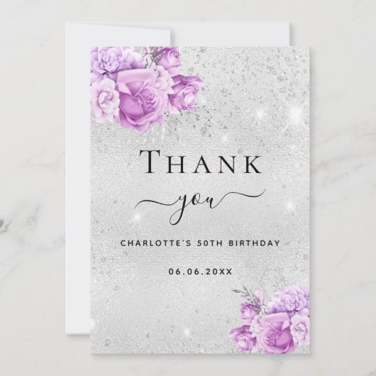 誕生日スミレットピンク花模様サンキューカード 招待状 (正面)