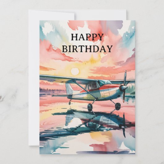 誕生日セスナ飛行機レイクフォトウォーターカラー シーズンカード (正面)