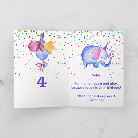 誕生日ゾウ名前を追加Ageかわいいキッズカード カード (内部)