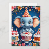 誕生日ゾウ（ケーキと風船） 招待状 (正面/裏面)