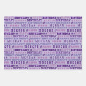 誕生日タイポグラフィパープル任意の年齢を追加する子供の名前 ラッピングペーパーシート (正面2)