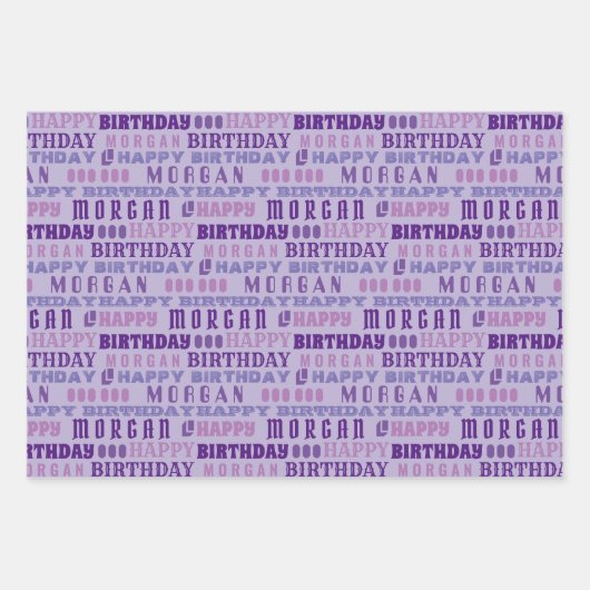 誕生日タイポグラフィパープル任意の年齢を追加する子供の名前 ラッピングペーパーシート (正面2)