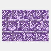 誕生日タイポグラフィパープル任意の年齢を追加する子供の名前 ラッピングペーパーシート (正面)