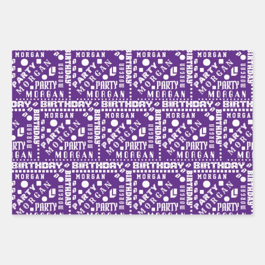 誕生日タイポグラフィパープル任意の年齢を追加する子供の名前 ラッピングペーパーシート (正面)