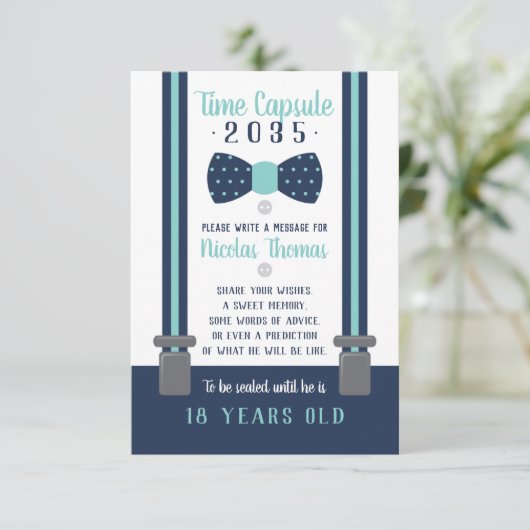 誕生日タイムカプセルカード、ネイビーブルー、アクア エンクロージャーカード (スタンド正面)