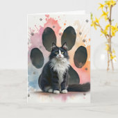 誕生日タキシード猫の足跡デザイン カード (黄色い花)