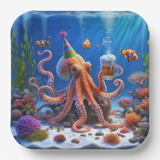 誕生日タコとビール ペーパープレート (正面)