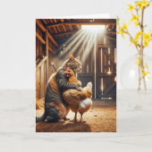 誕生日タビーキャットハギングザファームチキン カード (黄色い花)