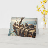 誕生日タビー猫の乗った船索 カード (黄色い花)