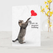 誕生日タビー猫ハート風船 カード (黄色い花)