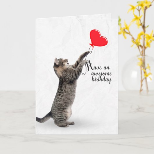 誕生日タビー猫ハート風船 カード (黄色い花)