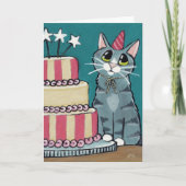 誕生日タビー・キャット絵画とケーキのグリーティングカード カード (正面)