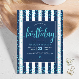 誕生日ターコイズスクリプトグリッタードットnavy white 招待状