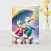 誕生日ダックス歩くイン・ザ・レイン カード (黄色い花)