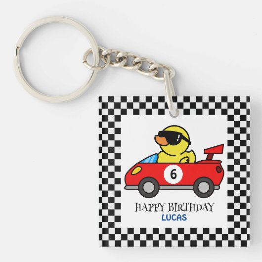 誕生日ダックレースカー赤い男の子の名前 キーホルダー (正面)