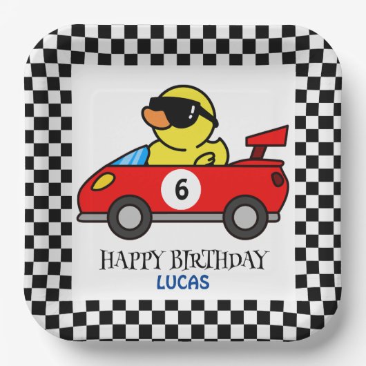 誕生日ダックレースカー赤い男の子の名前 ペーパープレート (正面)