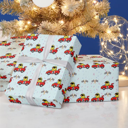 誕生日ダックレースカー赤レーシングボーイの子供の名前 ラッピングペーパー (クリスマス)