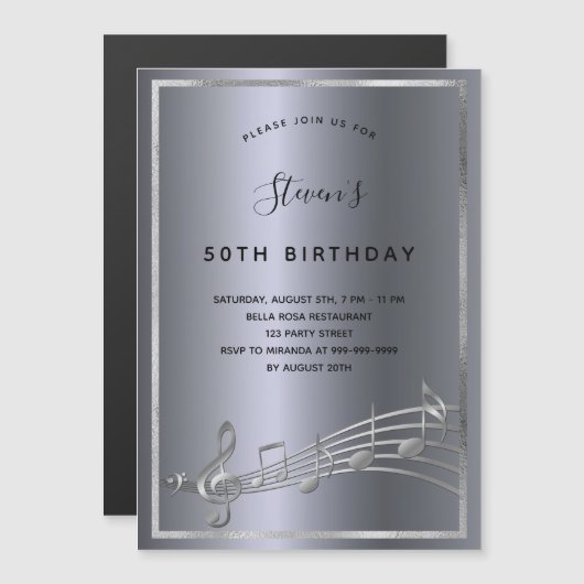 誕生日ダークシルバー音楽ノート招待磁石 マグネット招待状 (正面/裏面)