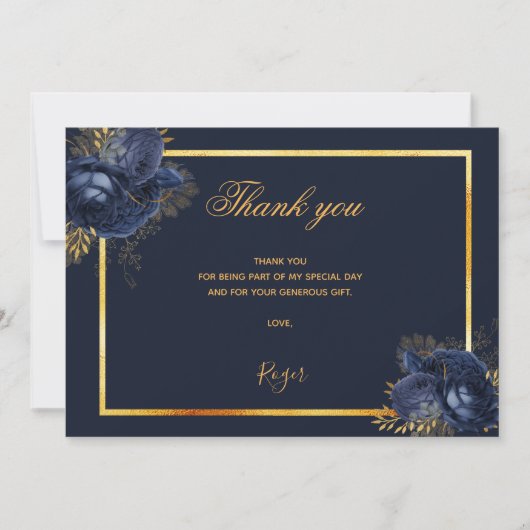 誕生日ダークブルー金ゴールド写真男達 サンキューカード (正面)