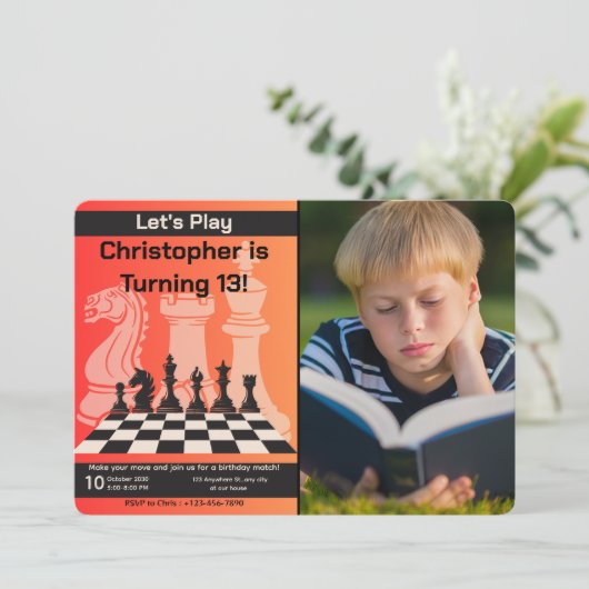誕生日チェスゲーム招待状と追加する写真 招待状 (スタンド正面)