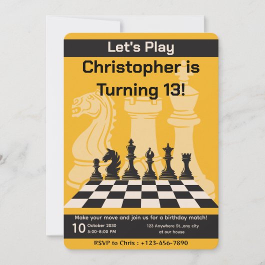 誕生日チェスパーティの招待状おもしろいゲームテーマ 招待状 (正面)