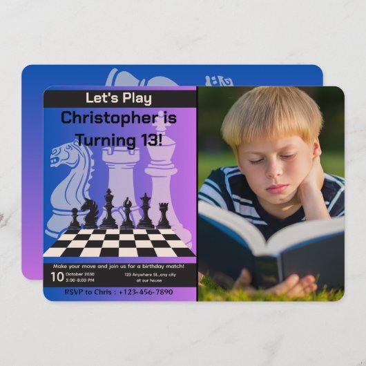 誕生日チェスパーティの招待状パーソナライズされた写真 招待状 (正面/裏面)