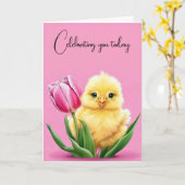 誕生日チックインピンクチューリップ カード (黄色い花)