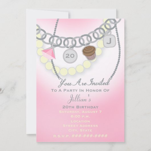 誕生日チャームブレスレット&パールジュエリー招待状 招待状 (正面)