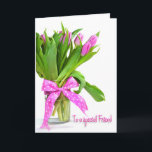 誕生日チューリップfor Friend カード<br><div class="desc">友人のための水玉模様弓と花瓶の明るいピンクのチューリップ。</div>