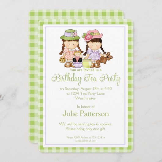誕生日ティーパーティの招待状小さな女の子デザイン 招待状 (正面/裏面)