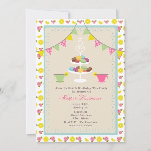 誕生日ティーパーティー+マカロン招待状 招待状 (正面)