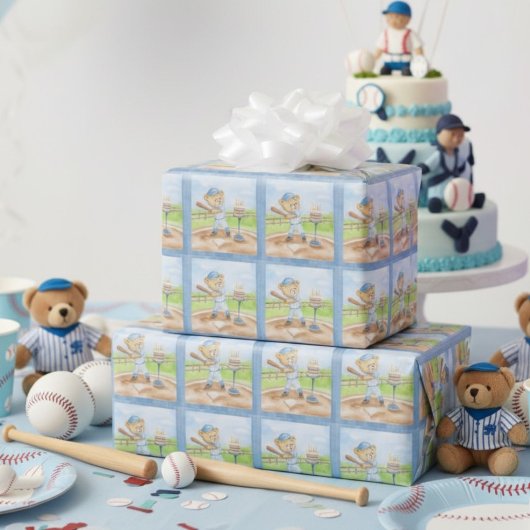 誕生日ティーボールテディベア野球水彩 ラッピングペーパー