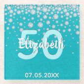 誕生日ティール（緑がかった色）グリーングリッター名ダイアモンズグラム ガラスコースター (正面)