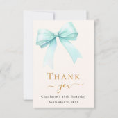 誕生日ティール(緑がかった色)グリーンボウ サンキューカード (正面)