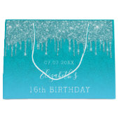 誕生日ティール（緑がかった色）ブルーグリッタードリップモノグラム ラージペーパーバッグ (正面)