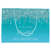 誕生日ティール（緑がかった色）ブルーグリッタードリップモノグラム ラージペーパーバッグ (裏面)