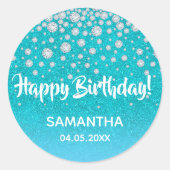 誕生日ティール(緑がかった色)ブルーグリーングリッター名ダイヤモンド ラウンドシール (正面)