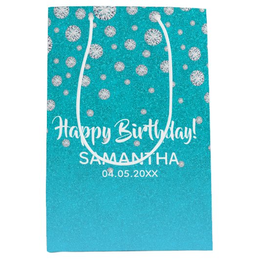 誕生日ティール（緑がかった色）ブルーグリーングリッター名 ミディアムペーパーバッグ (正面)