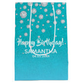 誕生日ティール（緑がかった色）ブルーグリーングリッター名 ミディアムペーパーバッグ (裏面)